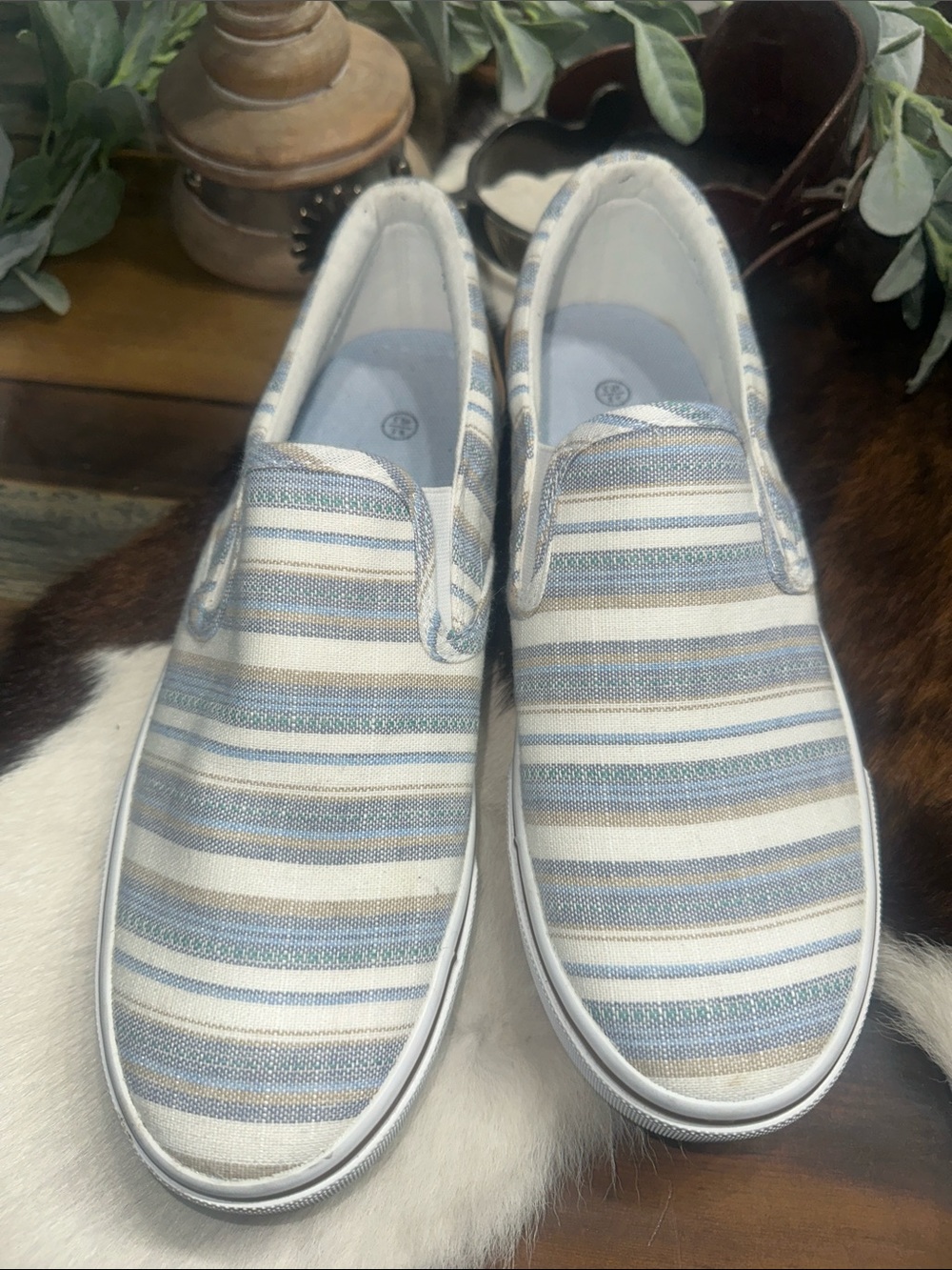 NWOT Striped Slip-On Canvas Sneakers in Blue & White